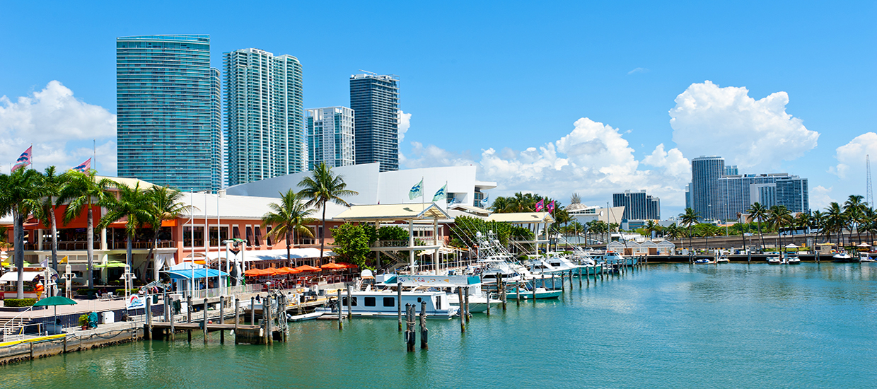 A stock photo of Bayside Market Place in Downtown Miami, Florida.