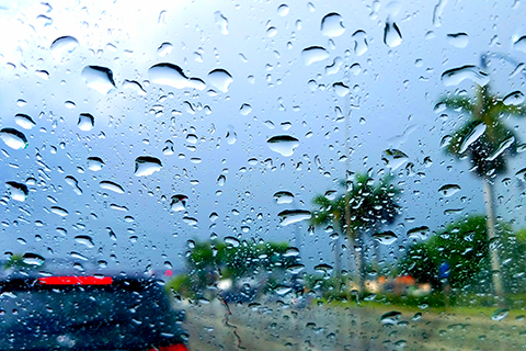 A stock photo of raindrops on a car window in Miami, Florida.