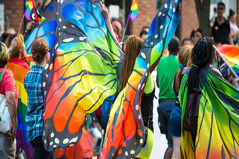 A photo of colorful butterfly wings worn by a participant at the New York City Pride Festival.