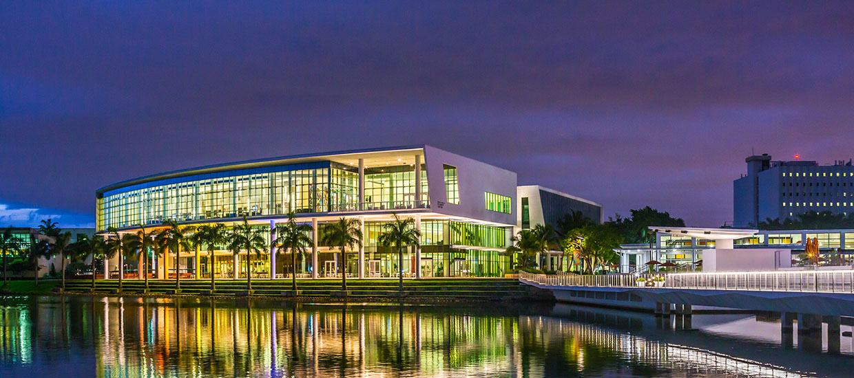 A view of the Shalala Student Center at night the University of Miami Coral Gables campus.