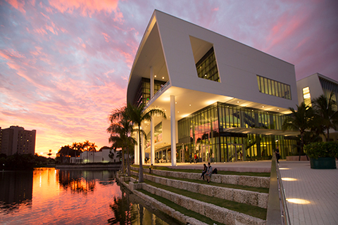 A view of the Shalala Student Center at sunset on the University of Miami Coral Gables campus.